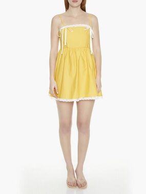 Forever 21 Yellow Spaghetti Strap Mini Dress with White Lace Trim Sz XS